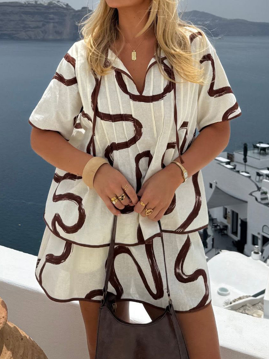 Marble Graffiti Cotton and Linen Top and Skirt Set