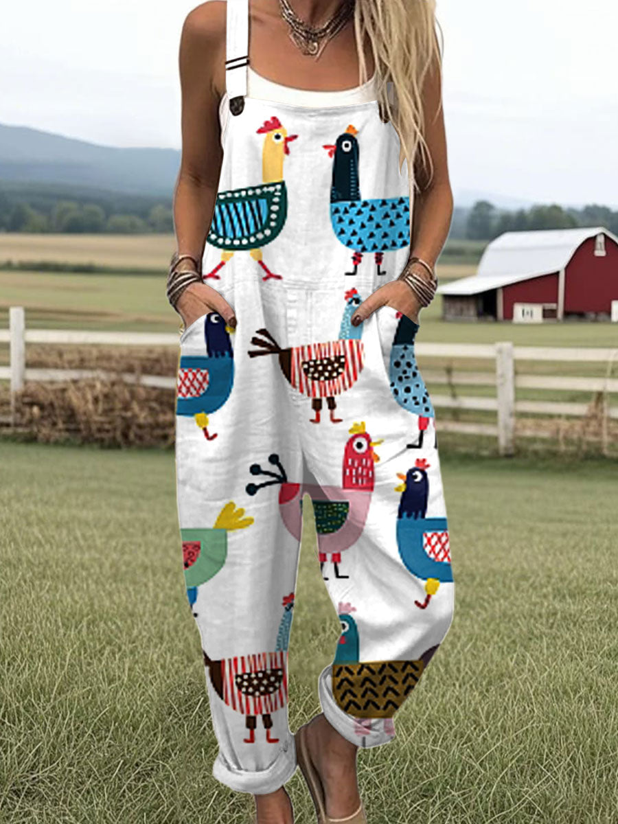 Women's  Funny Rooster Art Print Casual 100% Cotton Wide Leg Jumpsuit