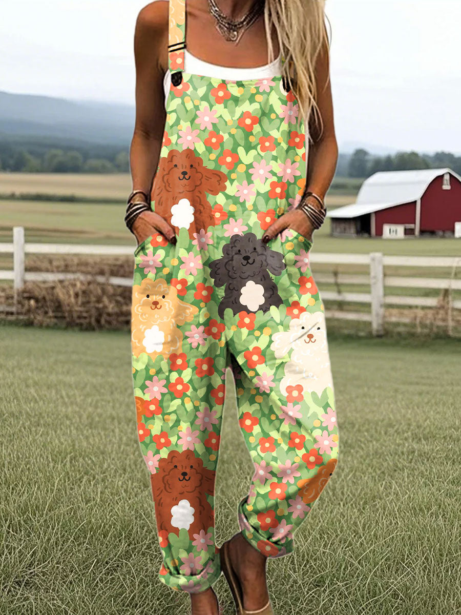 Women's Colorful Puppy Pattern Art Print Casual 100% Cotton Wide Leg Jumpsuit