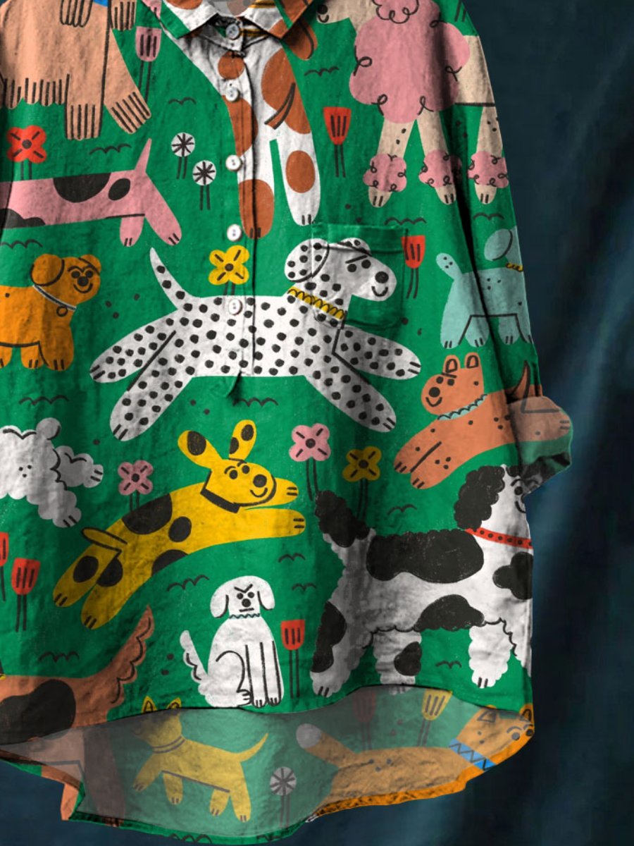 Women's Cute Dog Art Print Casual Cotton And Linen Shirt