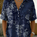 Retro Color-block Botanical Print Cotton-linen Short-sleeve Shirt