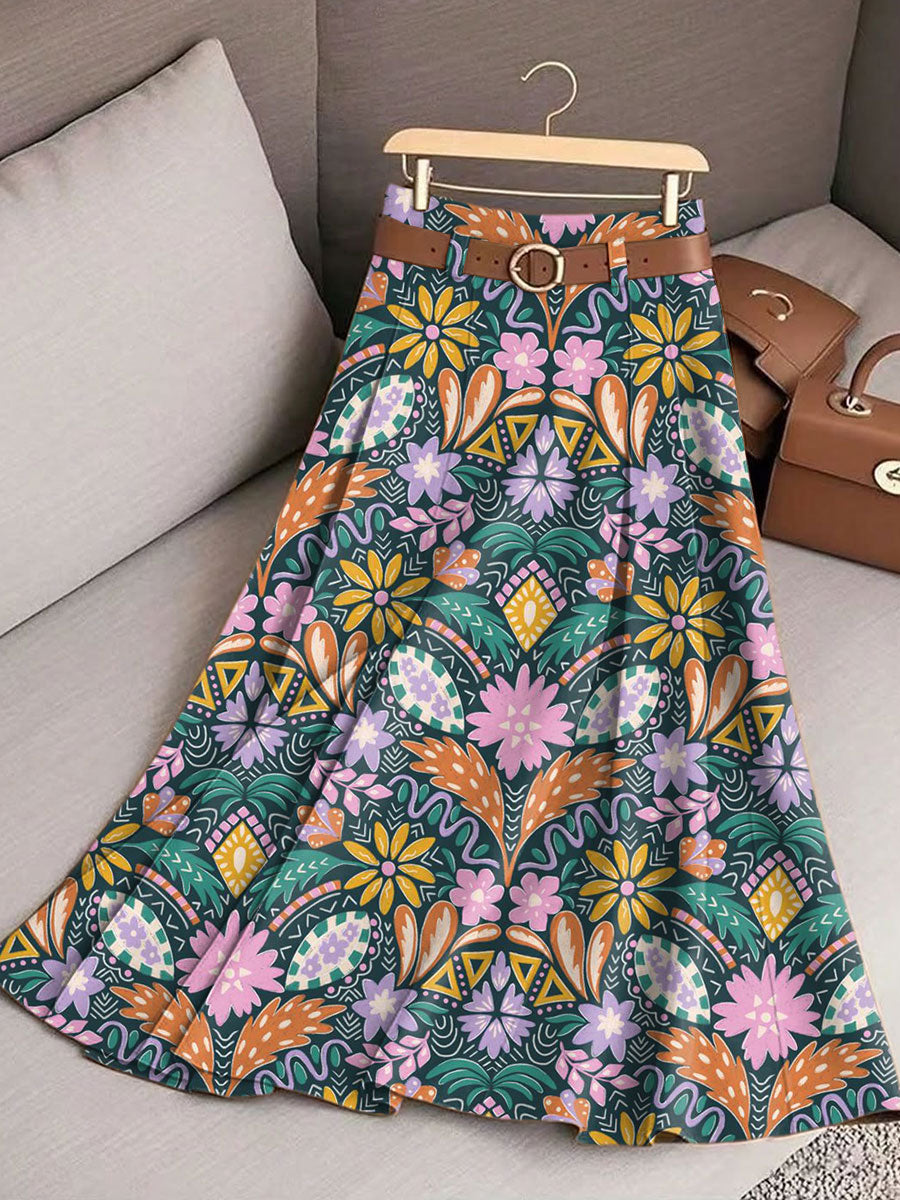 Women's Vintage Flower Art Print Cotton Skirt