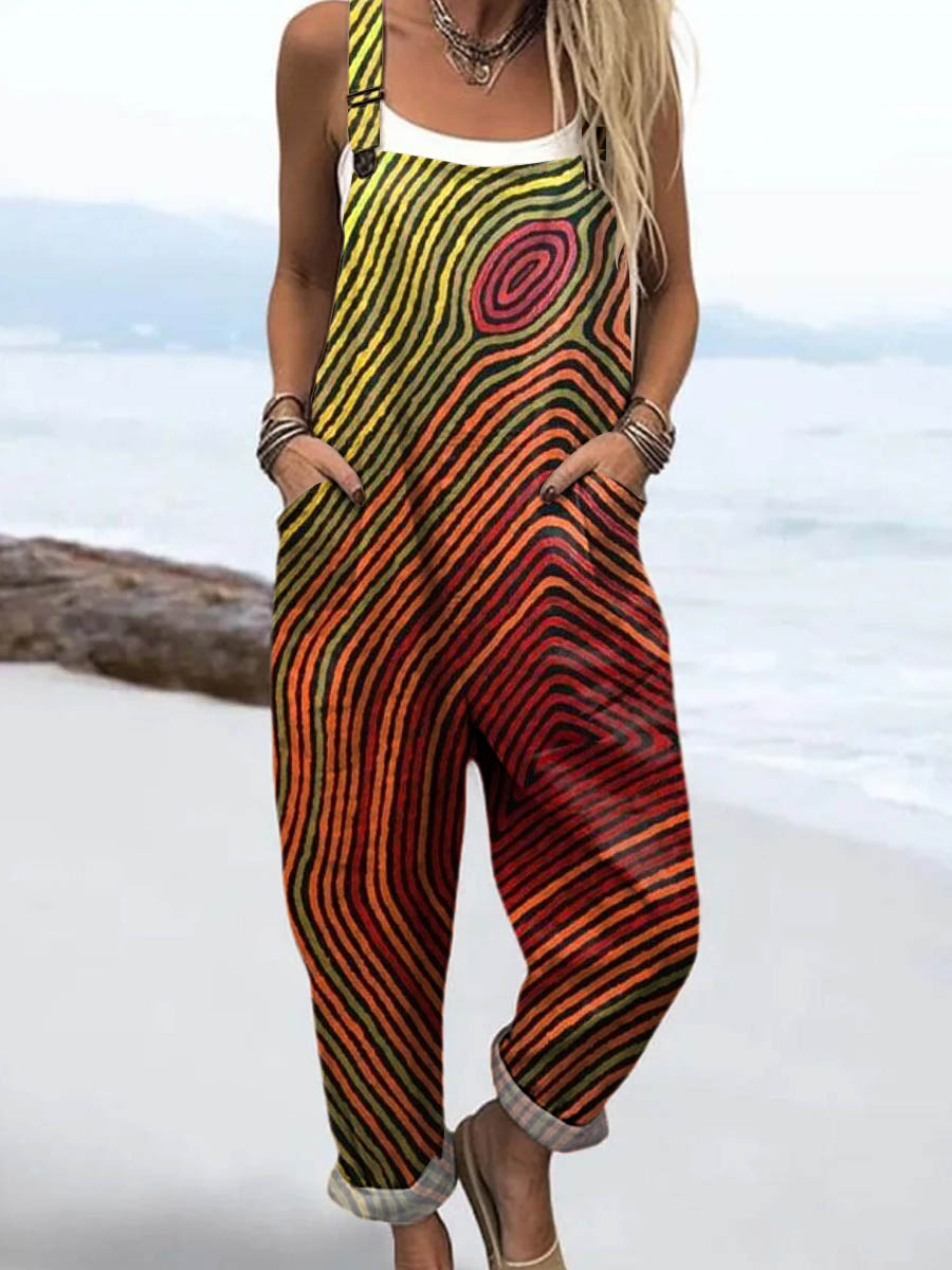Women's Abstract Pattern Art Print Casual 100% Cotton Wide Leg Jumpsuit