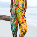 Women's Vintage Floral Bird Art Print Casual 100% Cotton Wide Leg Jumpsuit