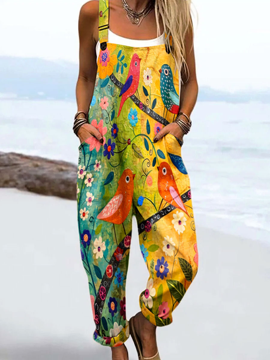 Women's Vintage Floral Bird Art Print Casual 100% Cotton Wide Leg Jumpsuit