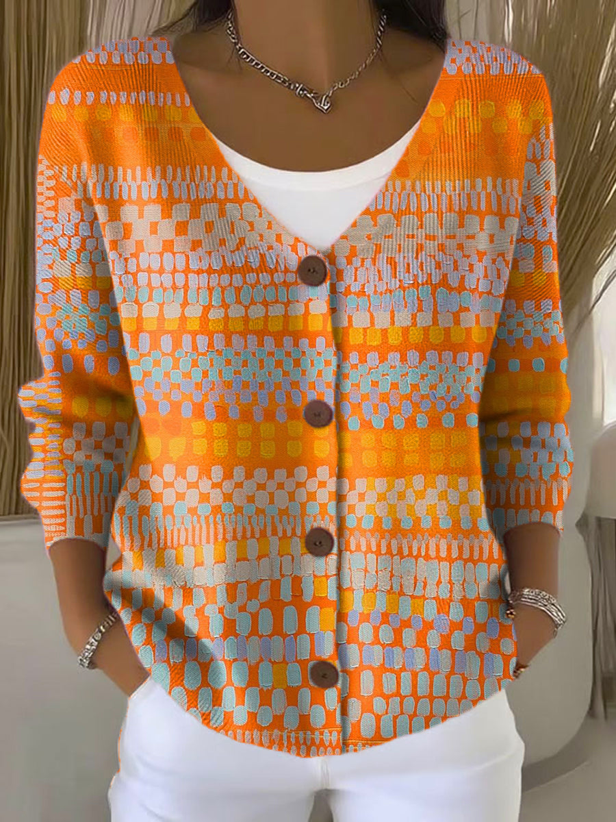 Vintage Geometry Art Print Buttoned V-neck Cardigan Sweater