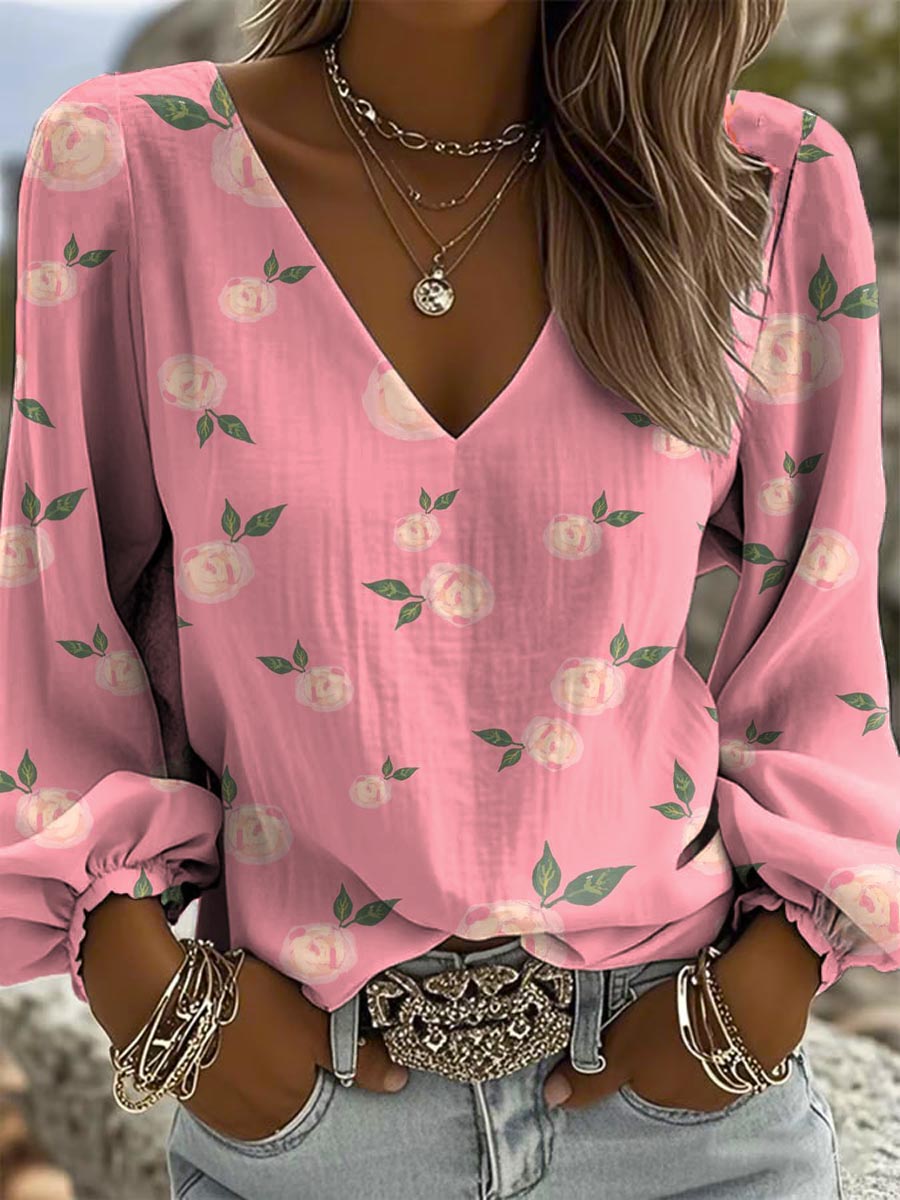 Women's Vintage Floral Art Pattern Print Casual Cotton And Linen Shirt