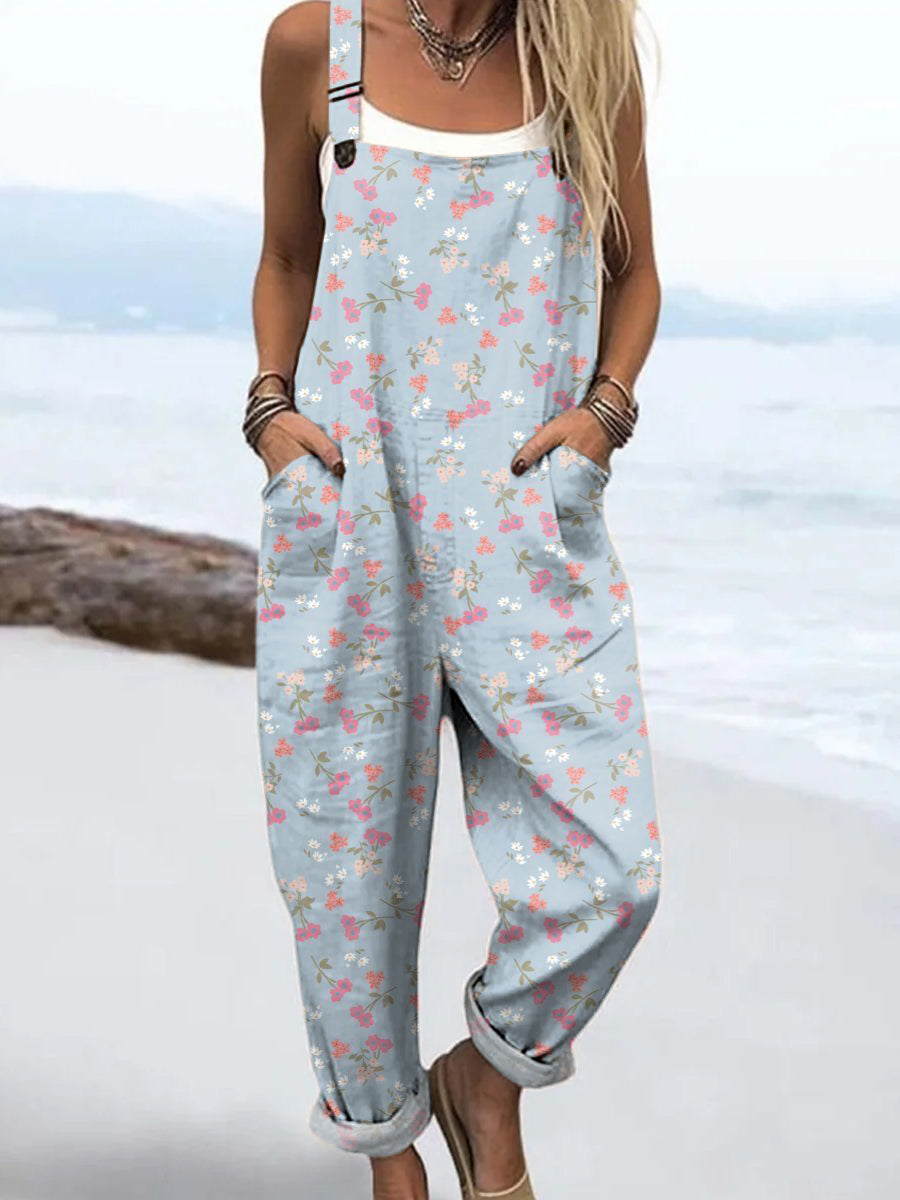 Women's  Artistic Creative Flowers Print Casual 100% Cotton Wide Leg Jumpsuit