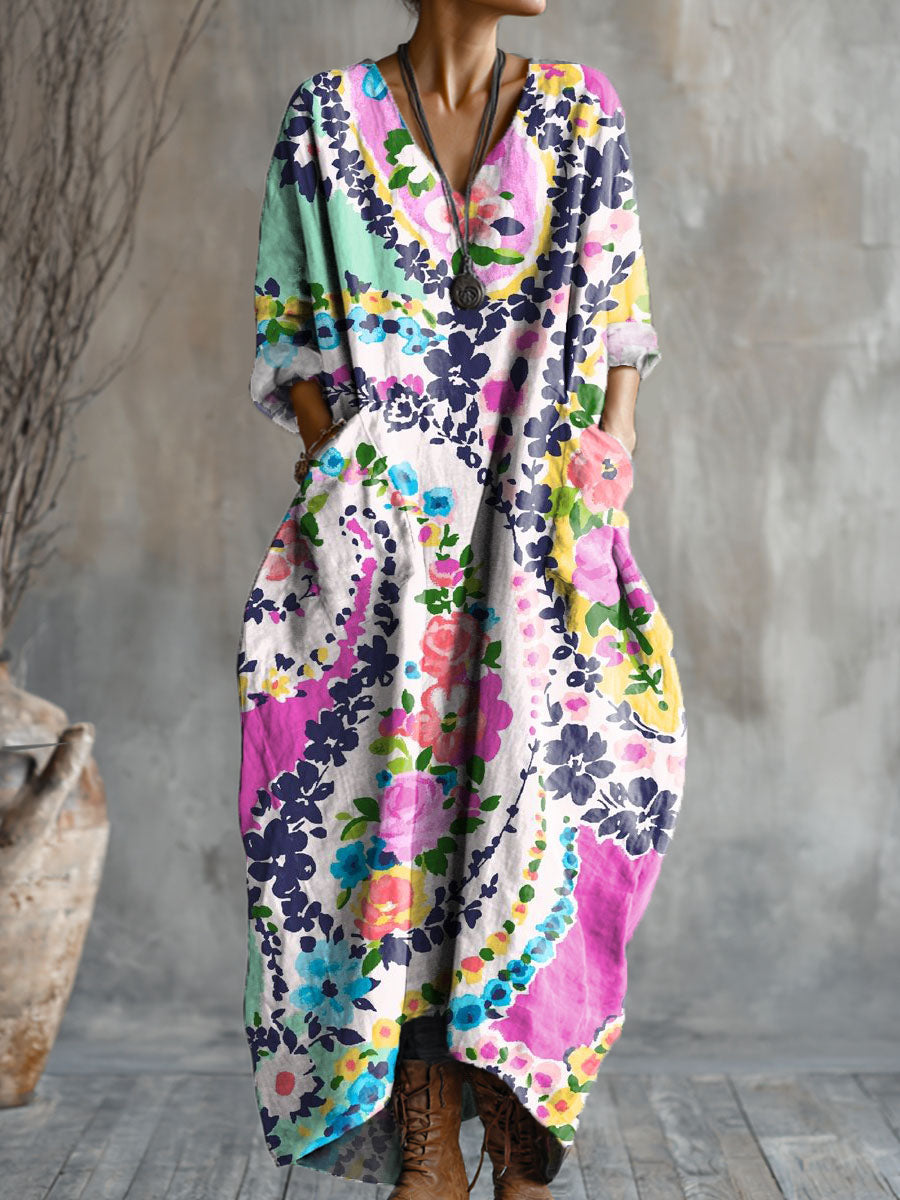 Women's Mixed Polka Dot Flowers Art Pattern Print Pocket V-neck Cotton Dress