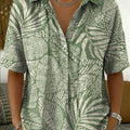 Women's Retro Botanical Line Art Print Cotton-linen Short-sleeve Shirt