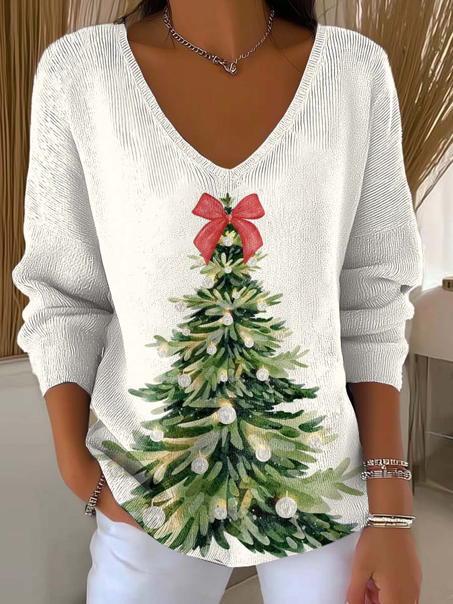 Women's Christmas Tree Pattern Art Print Casual Pullover Sweater
