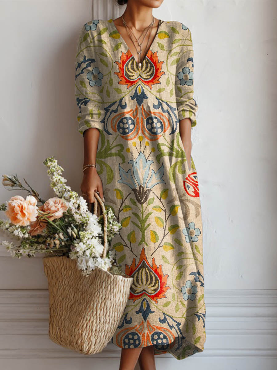 Women's Vintage Floral Pattern Art Print Cotton And Linen Pocket Dress