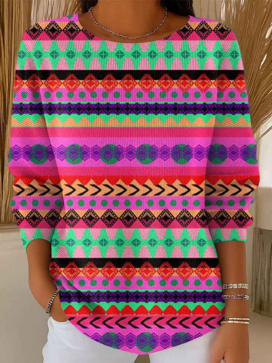 Women's Colorful Geometric Stripes Painting Art Print Casual Pullover Sweater