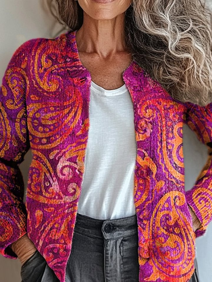Watercolor Paisley Pattern Printed Buttoned Cardigan Sweater