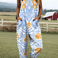 Women's Vintage Ethnic Floral Art Print Casual 100% Cotton Wide Leg Jumpsuit
