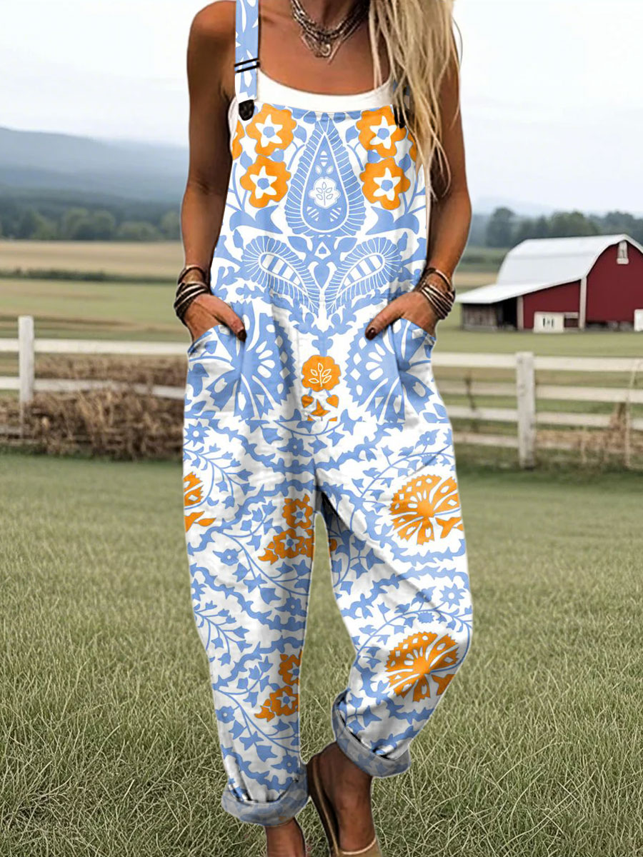 Women's Vintage Ethnic Floral Art Print Casual 100% Cotton Wide Leg Jumpsuit