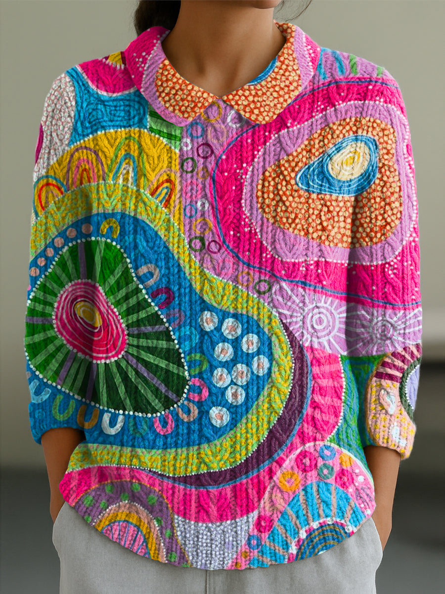 womens-abstract-colorful-circular-graffiti-painting-art-print-casual-peter-pan-collar-3-4-sleeve-sweater