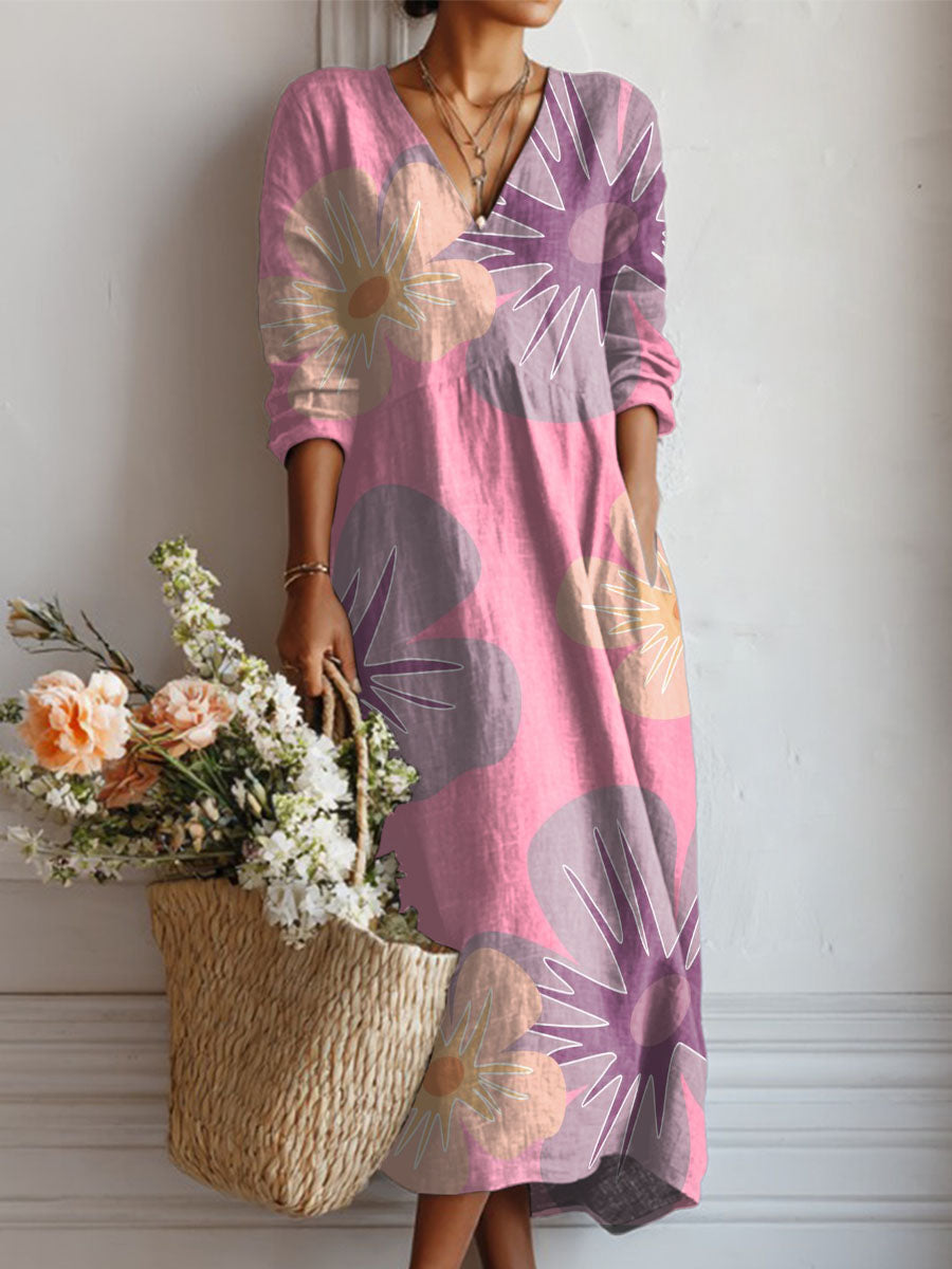 Women's Geometric Large Flower Print Linen Pocket Dress