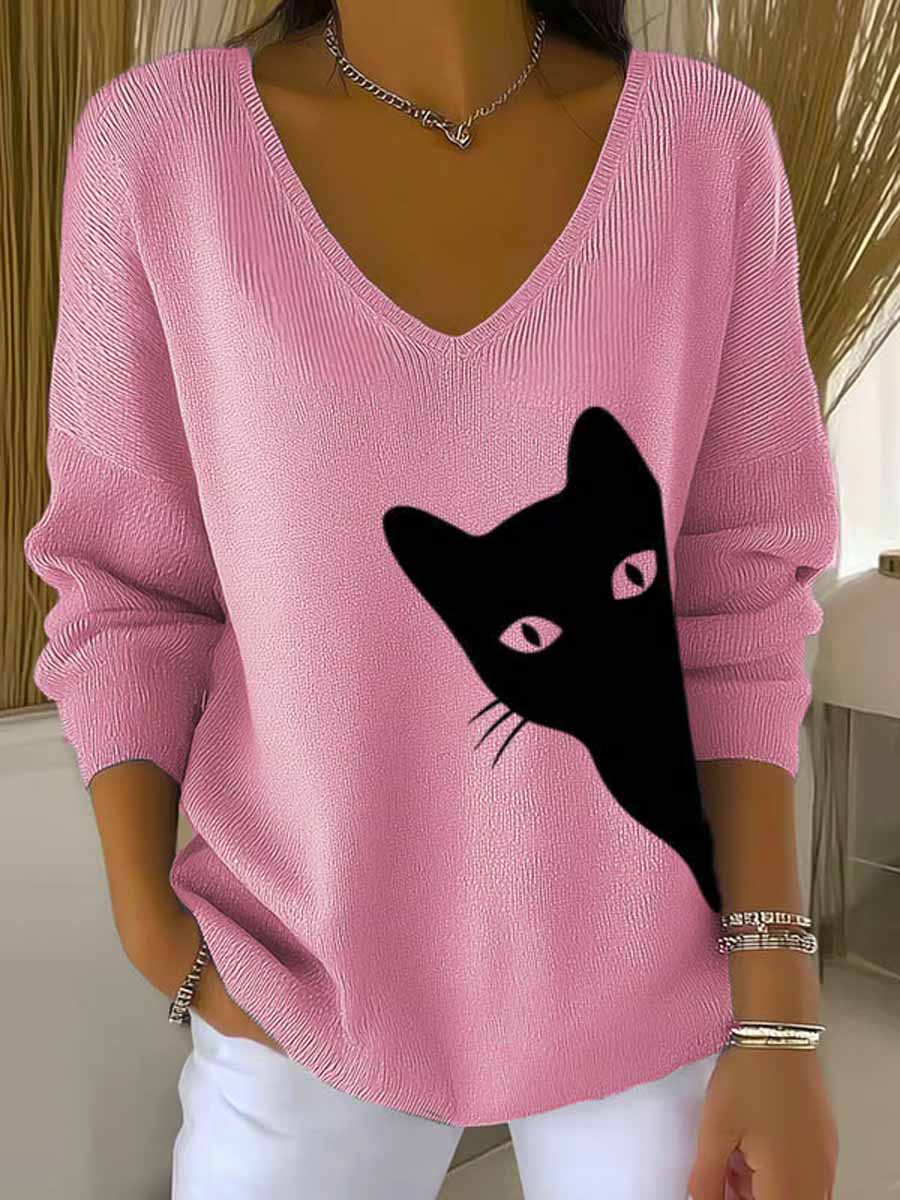 womens-lovely-cat-art-print-casual-pullover-sweater