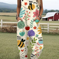Women's  Funny Flower Bee  Art Print Casual 100% Cotton Wide Leg Jumpsuit