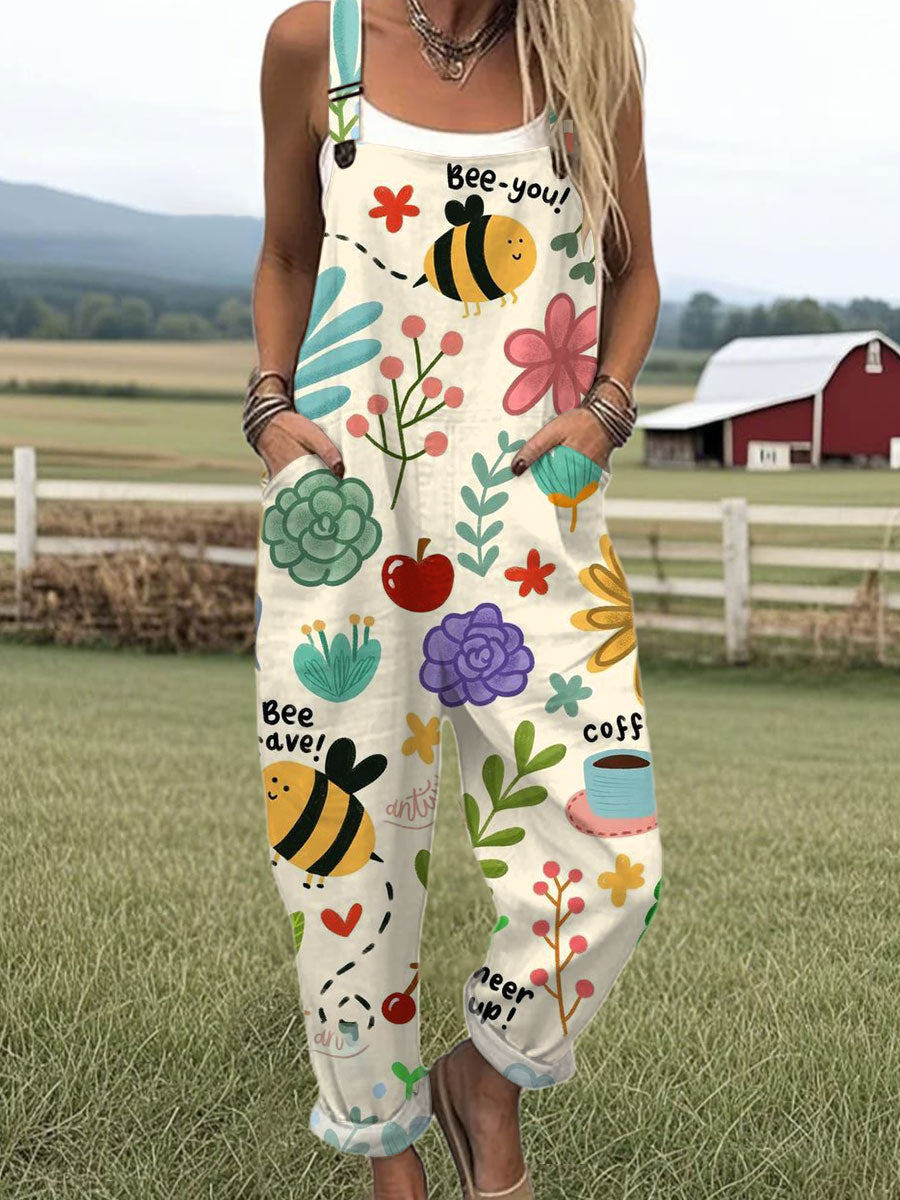Women's  Funny Flower Bee  Art Print Casual 100% Cotton Wide Leg Jumpsuit