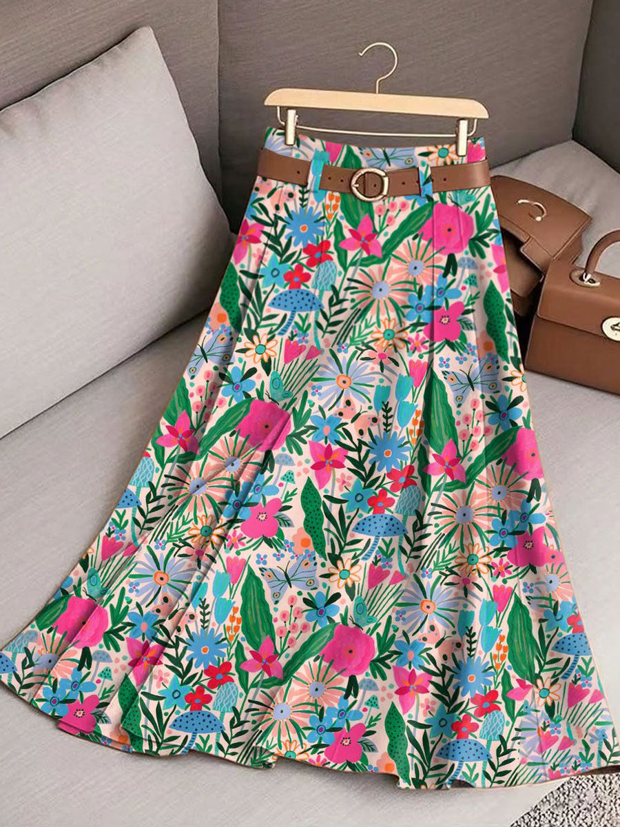 Women's Vintage Flower Art Print Cotton Skirt
