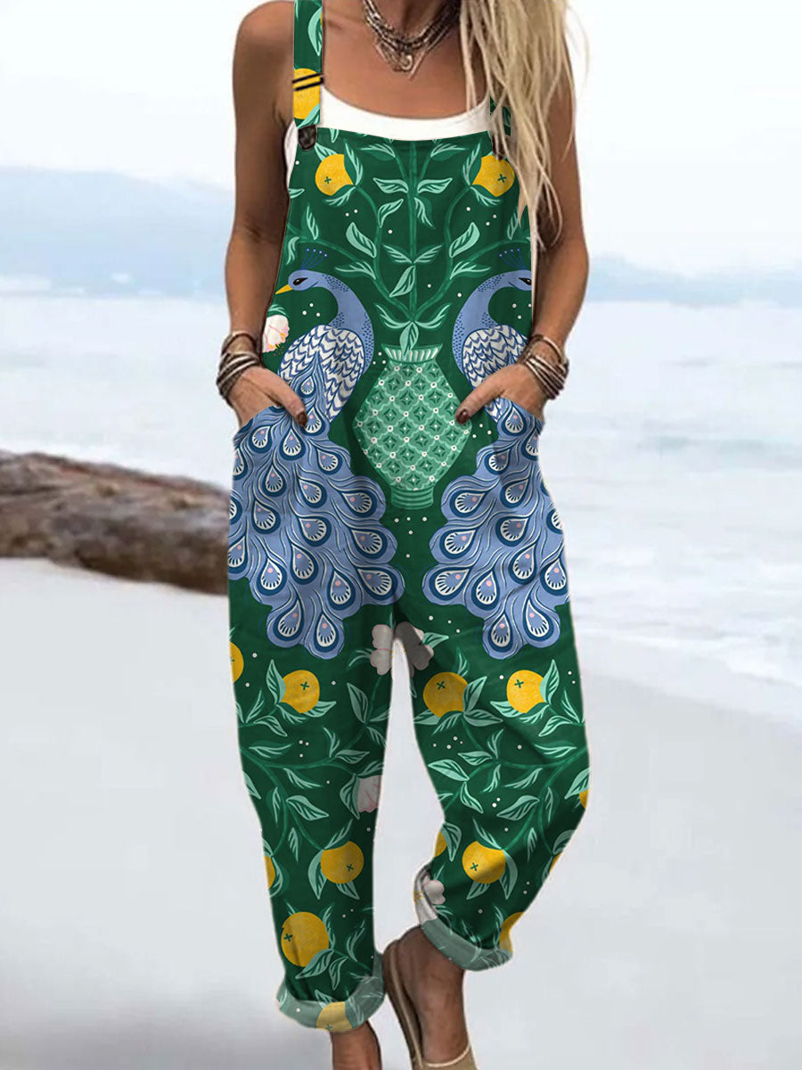 Women's  Peacock Vintage Symmetry Art  Print Casual 100% Cotton Wide Leg Jumpsuit