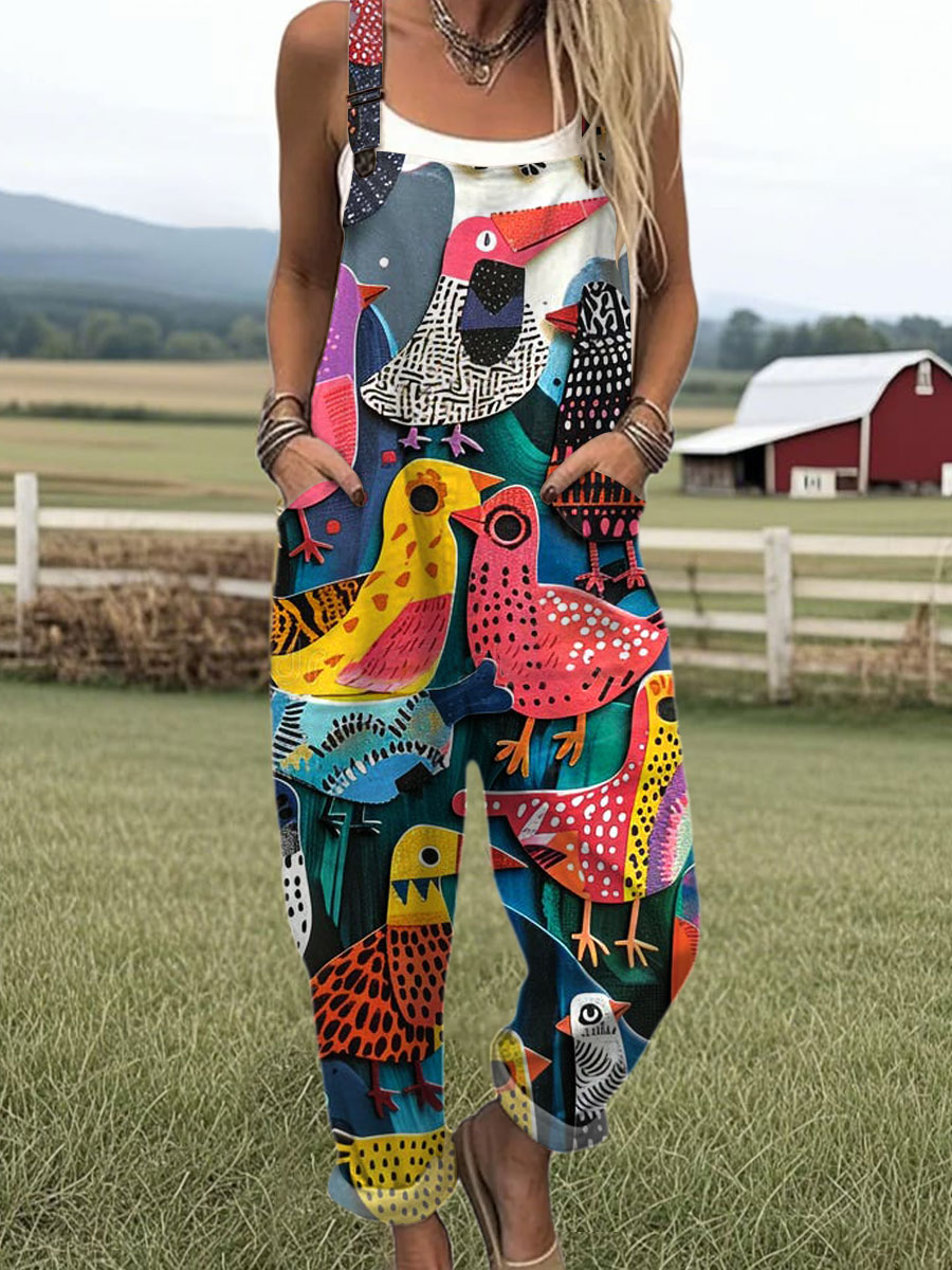 Women's  Funny Rooster Art Print Casual 100% Cotton Wide Leg Jumpsuit