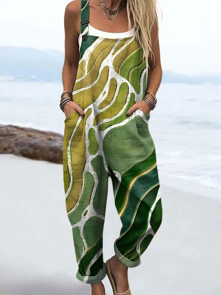 Women's Vintage Color Block Art Print Casual 100% Cotton Wide Leg Jumpsuit