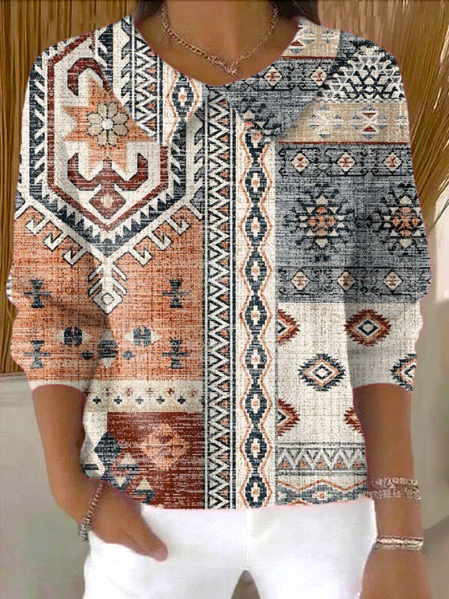 womens-ethnic-diamond-geometric-painting-art-print-casual-peter-pan-collar-3-4-sleeve-sweater
