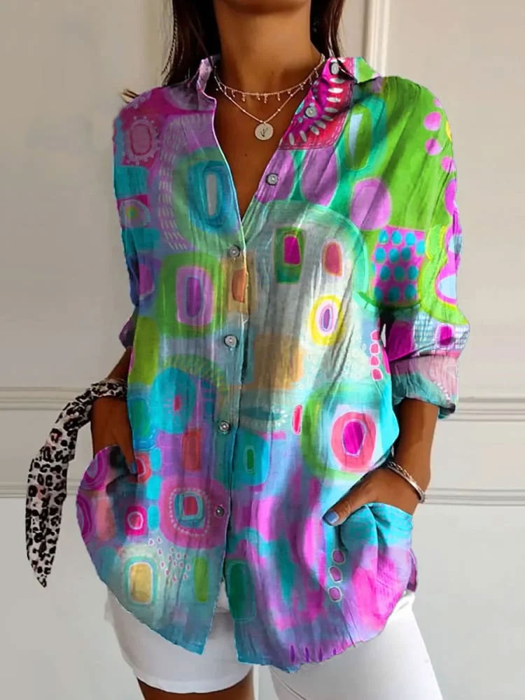 Vibrant Abstract Art Printed Women's Casual Cotton Shirt