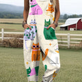 Women's Artistic Abstract Cat Print Casual 100% Cotton Wide Leg Jumpsuit