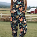 Women's Lovely Chicken Floral Art Print Casual 100% Cotton Wide Leg Jumpsuit