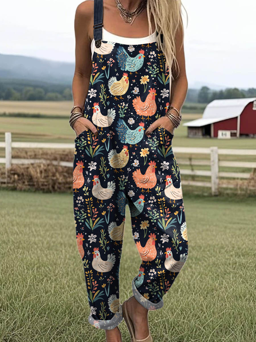 Women's Lovely Chicken Floral Art Print Casual 100% Cotton Wide Leg Jumpsuit