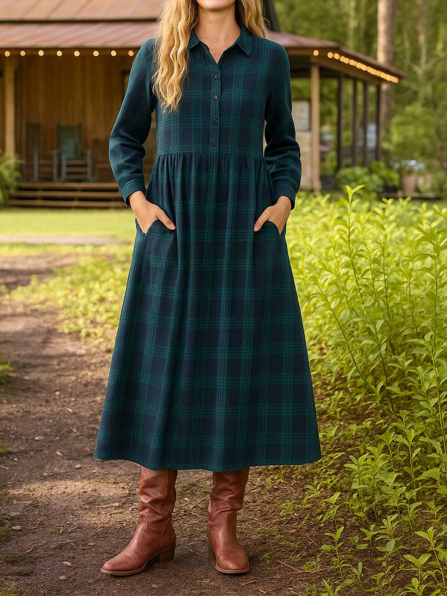 Women's Check Print Shirt Collar Long Sleeve Casual Pocket Loose Dress
