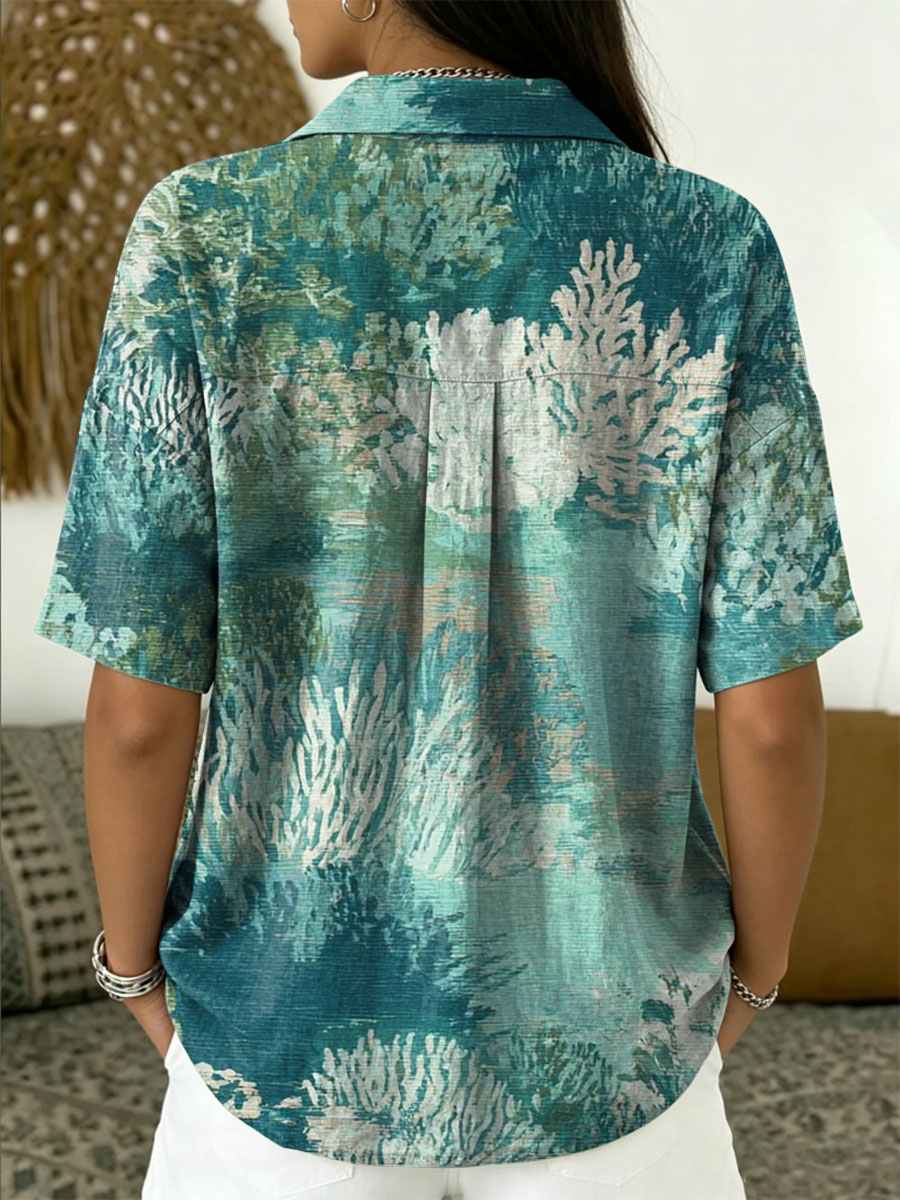 Women's Vintage Botanical Floral Casual Polo Collar Short-sleeved Linen And Cotton Shirt