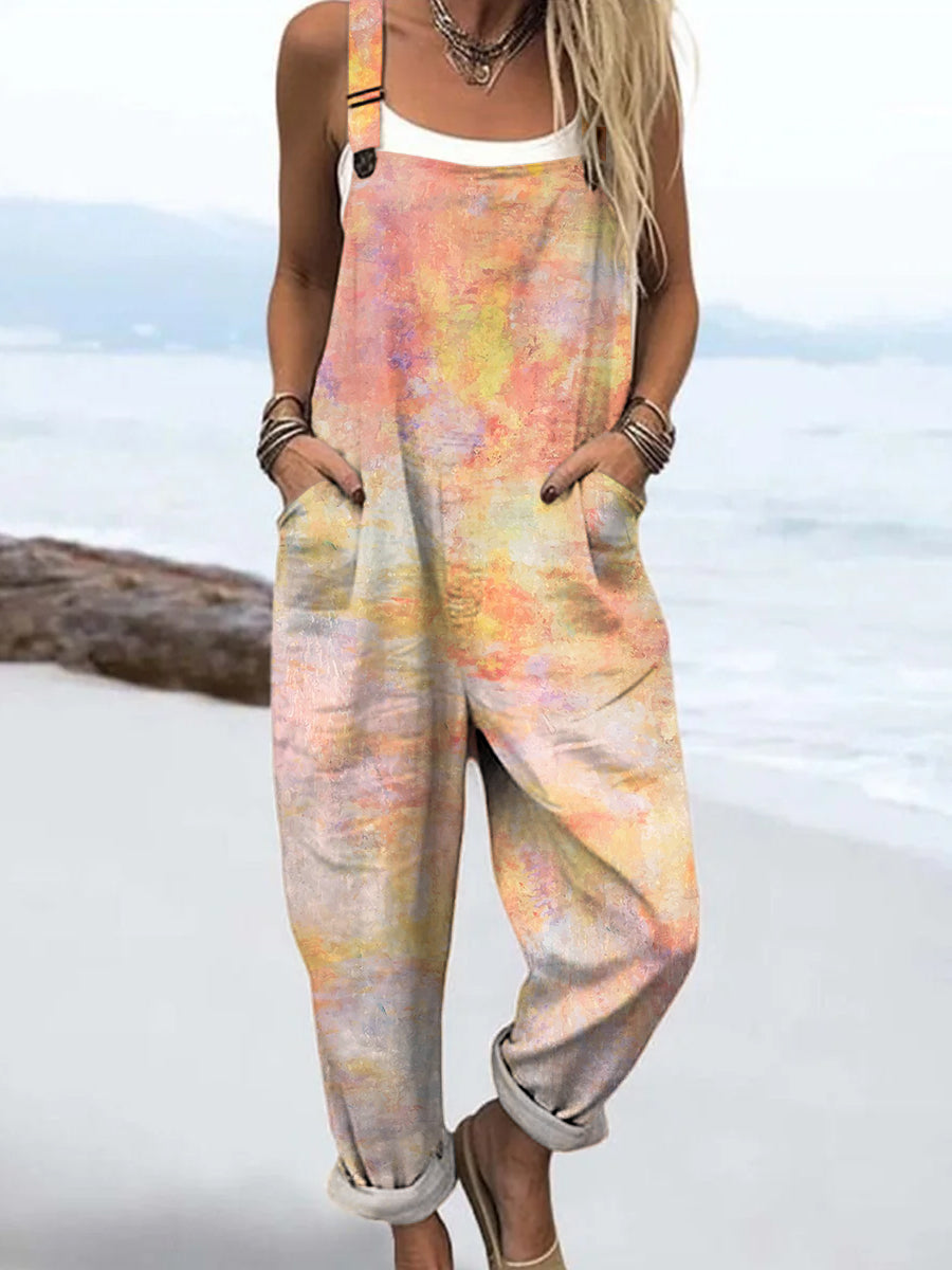 Women's Colourful Artistic Rendering Textures Print Casual 100% Cotton Wide Leg Jumpsuit