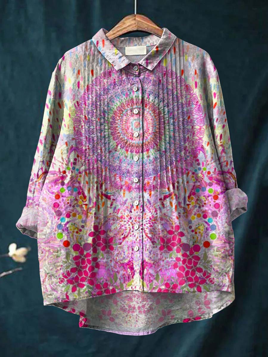 Women's Vintage Floral Art Print Casual Cotton And Linen Ruffle Shirt