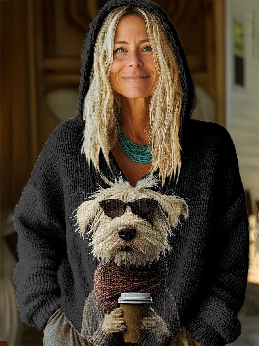 Cute Dog Art Print Casual Knitted Hoodie Sweater
