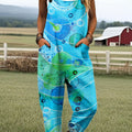 Women's Fashion Color Block Art Print Casual 100% Cotton Wide Leg Jumpsuit