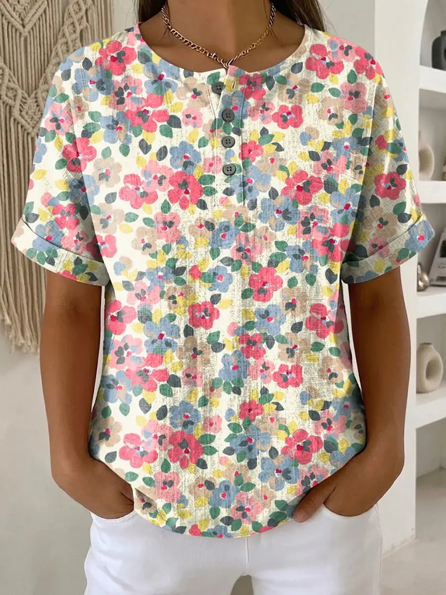 Women's Vintage Flower Pattern Printed Cotton Linen Top