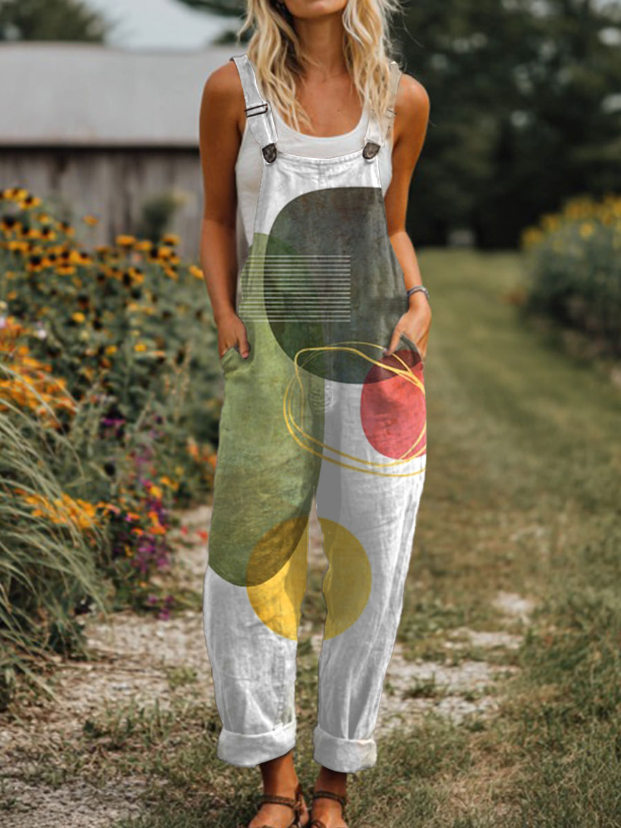 Women's  Vintage Abstract Geometric Art Print Casual 100% Cotton Wide Leg Jumpsuit