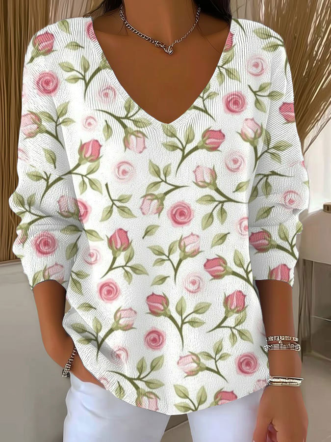 Women's Vintage Flower Art Print Casual Pullover Sweater