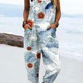 Women's Vintage Flower Art Print Casual 100% Cotton Wide Leg Jumpsuit