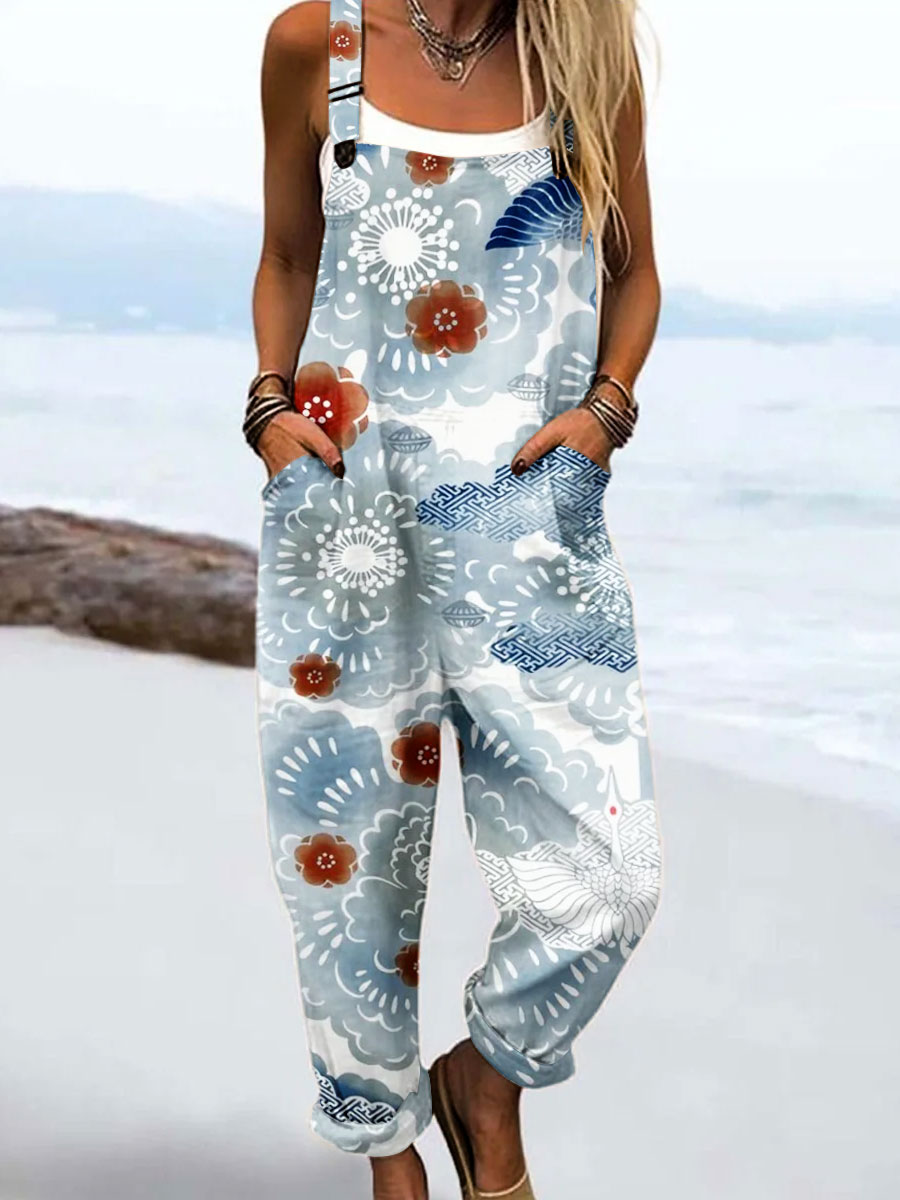 Women's Vintage Flower Art Print Casual 100% Cotton Wide Leg Jumpsuit
