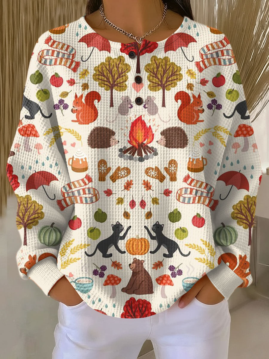 Women's Halloween Autumn Harvest Pumpkin Animals Fox Pattern Art Print Casual Waffle Henry Collar Sweatshirt