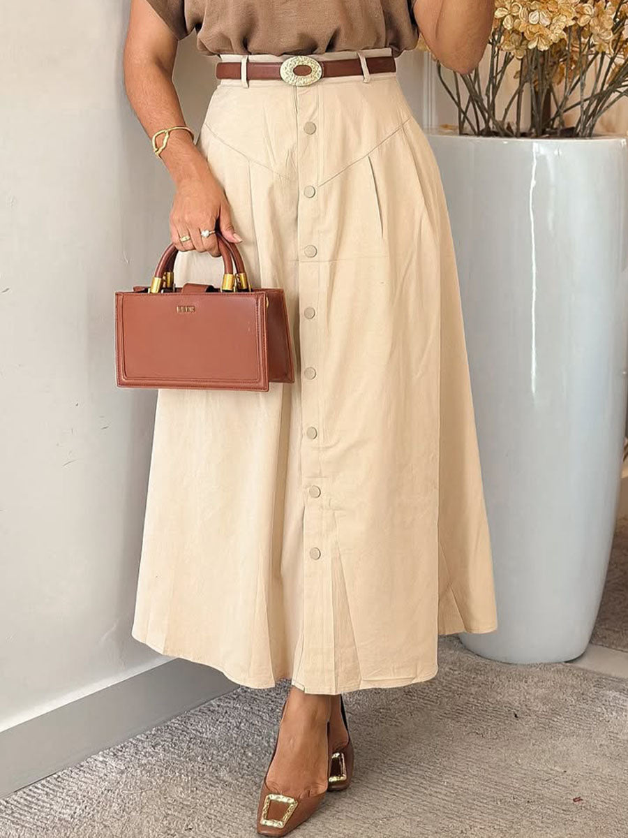 Women's Solid Color High Waist Button Casual Cotton and Linen A-Line Skirt