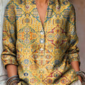 Women's Vintage Ethnic Geometric Pattern Art Print Casual Cotton And Linen Shirt