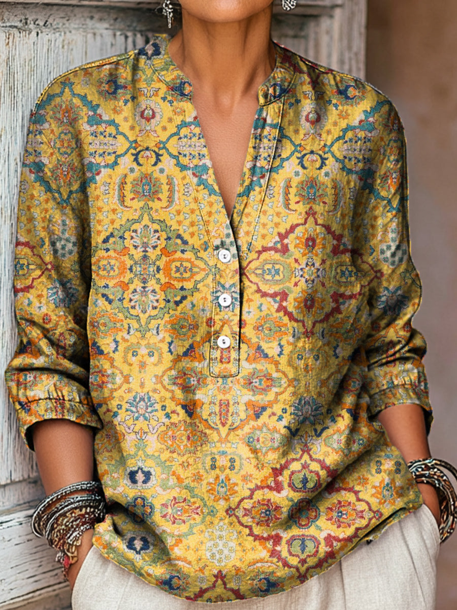 Women's Vintage Ethnic Geometric Pattern Art Print Casual Cotton And Linen Shirt