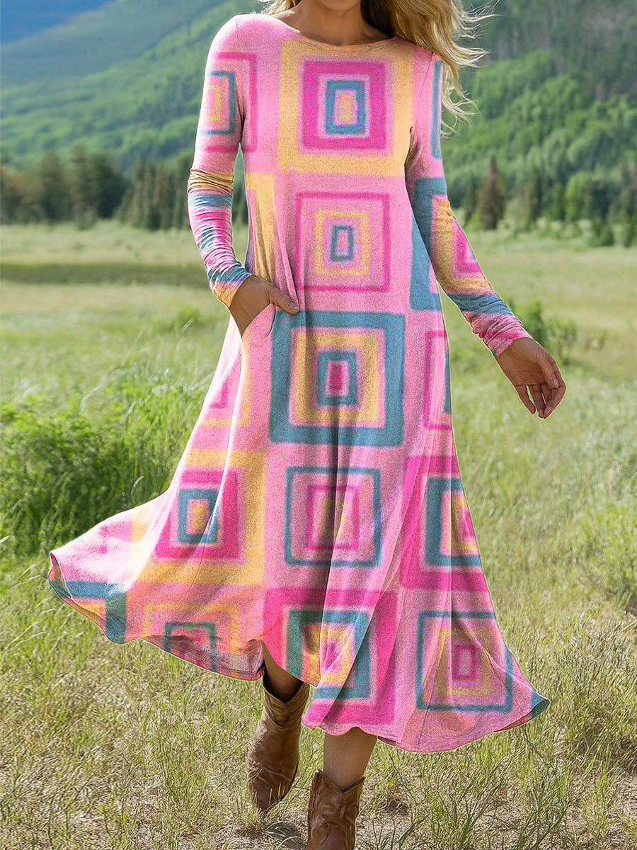 Women's Beautiful Colorful Geometric Painting Art Print Long-sleeved Dress